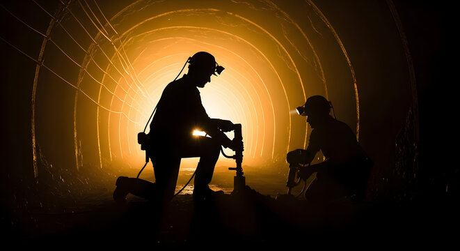 Silhouette of a miner with a headlamp working in a dark tunnel. A concept of hard work, industry, mining, exploration, and perseverance in difficult conditions.