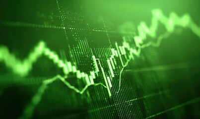 Photo of an abstract green stock market chart displays financial data and investment trends, representing business growth and economic analysis in a digital format