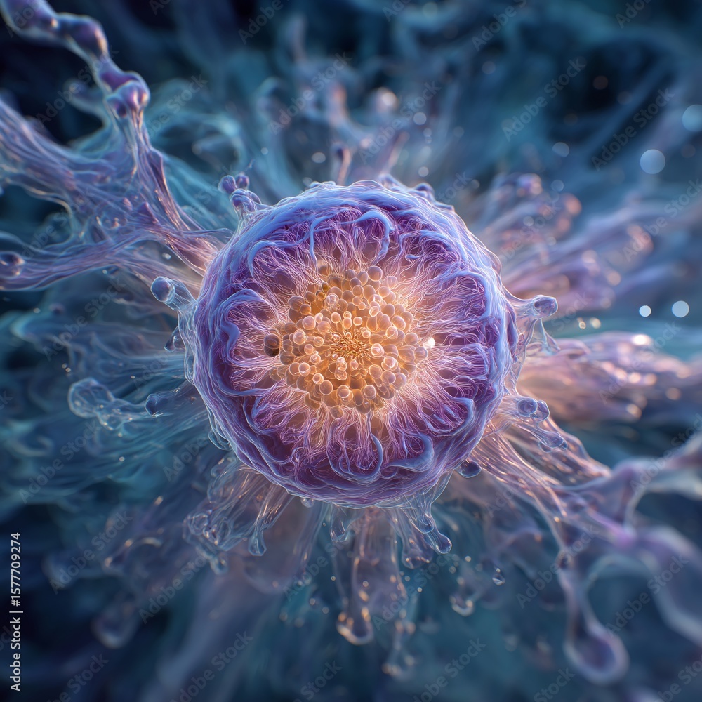 Poster a close-up view of a biological cell or particle in a laboratory setting, emphasizing detail and sci