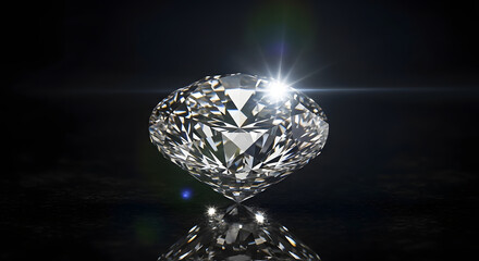 Fototapeta premium A single, sparkling diamond with a brilliant cut on a black reflective background. A symbol of luxury, value, love, engagement, and timeless beauty.