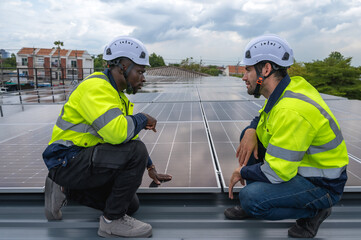 Male solar roof engineers working and inspecting solar panels on building roof