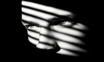 Moody Monochrome Portrait: Face Enigmatically Veiled in Venetian Blind Shadows
