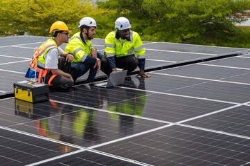 Group of photovoltaic engineer men working together inspecting solar panels on building roof