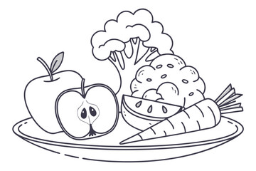 A plate of fruits and vegetables isolated on white background