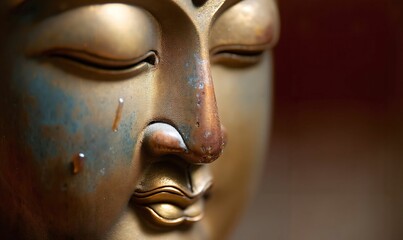 Timeless Serenity: Close-Up of an Aged Bronze Buddha Face Highlighting Texture and Patina