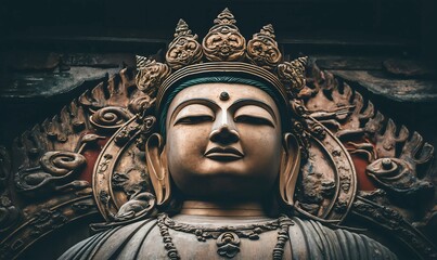 Intricate Bronze Buddha Statue with Serene Expression Amidst Ornate Carvings and Dark Surroundings