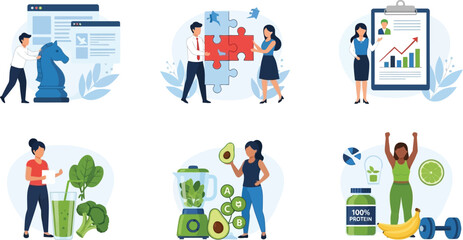 Vector art of a set of illustrations depicting business strategy, teamwork, healthy nutrition, and fitness activities