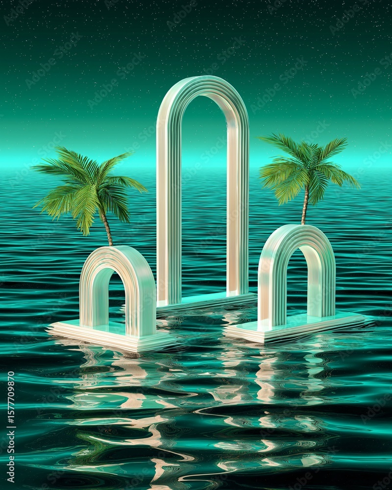 Poster abstract surreal scene featuring elegant arches and palm trees floating above water, creating a sere