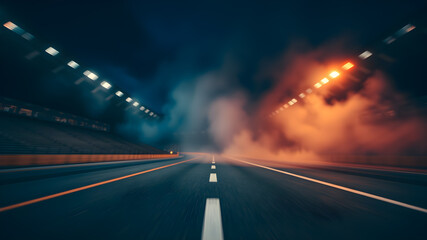 Bokeh photo of motion horizont stadium asphalt road with smoke haze front view dark blue orange background. Generative AI