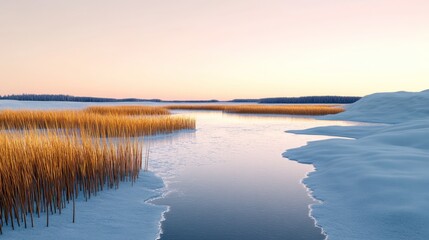Fototapeta premium Photo of a serene winter landscape captures a tranquil river flowing through a snowy field, with golden reeds standing tall against the cold, icy backdrop at sunset