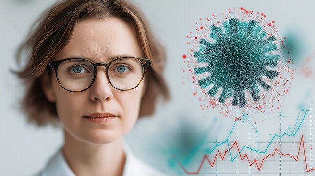 A female scientist looking concerned near virus image and graph