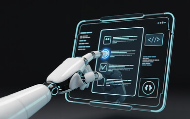 Photo of robot hand interacting with a futuristic digital interface