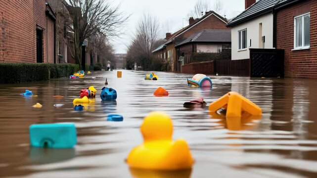 Drowning Object Concept, Colorful rubber ducks floating in a flooded street showcasing a surreal and whimsical scene of urban flooding effects
