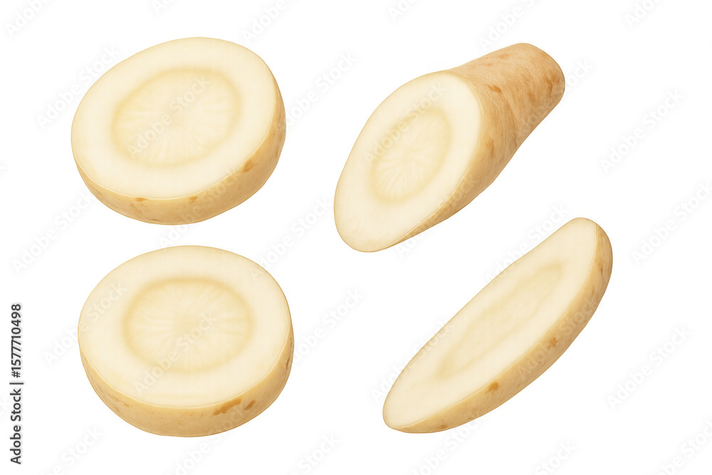 Poster parsnip root vegetable cut into slices and chunks, creating a dynamic culinary scene on a transparen