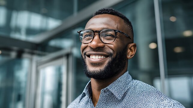 Portrait of a smiling man with glasses and beard in front of a modern building exterior looking up