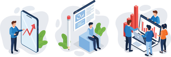 Vector art of isometric illustrations show data analysis, business teams, and digital technology for marketing and analytics