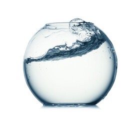 Glass aquarium with splashing water isolated on white