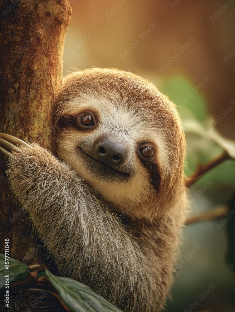 Poster close-up of sloth gently hugging tree branch in vibrant rainforest during soft golden hour light
