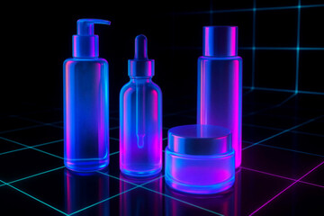 Futuristic Holographic Cosmetic Product Mockup with Neon Glow Bottles and Cyberpunk-Inspired High-Tech Background Design