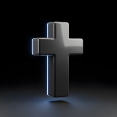 Obraz premium Modern Metallic Cross with Neon Glow on Black Background for Religious or Spiritual Themes