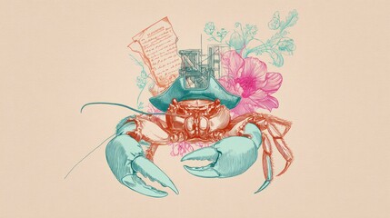 Crab in a pirate hat, surrounded by vintage elements
