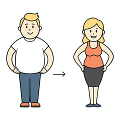 Fototapeta premium Fat woman stands facing thin woman, both in casual clothes, showing body differences, confidence, and acceptance in a simple, clear scene on a white background. 
