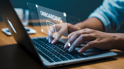 Employee Onboarding Process on Laptop: Digital Training, HR Integration & New Hire Orientation.


