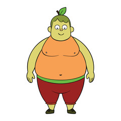 A fat male body with an apple shape, featuring a rounder midsection and broader chest, typical of central weight gain and a fuller upper torso.
