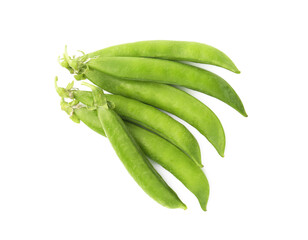 Pile of fresh green pea pods isolated on white, top view