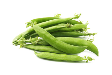 Pile of fresh green pea pods isolated on white