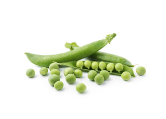 Fresh green peas in pods isolated on white