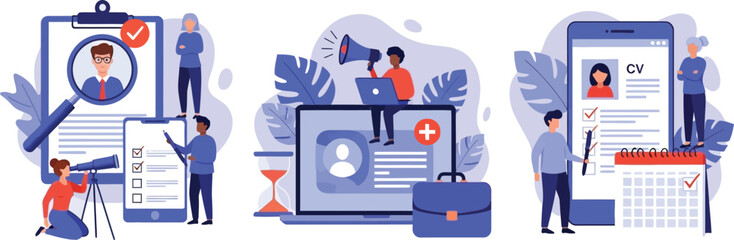 Vector art of a team of professionals collaborates on recruitment strategies, using tools like telescopes, megaphones, laptops, and smartphones to find the best candidates for job opportunities