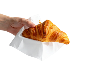 Hands Holding a Partially Eaten Croissant with Napkin on Transparent Background
