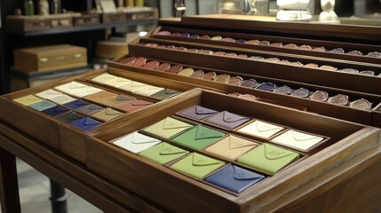 Fototapeta premium Colorful Art Supplies in Wooden Tray at Creative Workspace