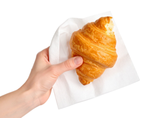 Hands Holding a Partially Eaten Croissant with Napkin on Transparent Background