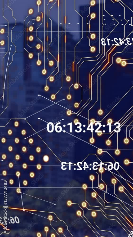 Poster animation of data processing and numbers over cityscape