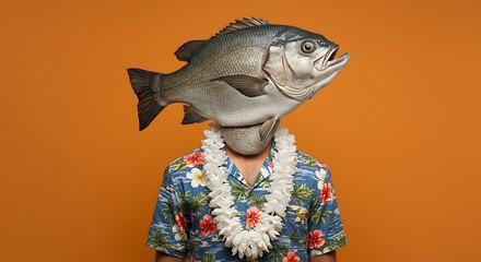 Obraz premium オレンジ色の背景、魚頭の人物写真