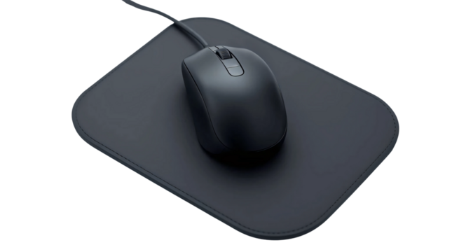 Black computer mouse placed on sleek black mousepad isolated on transparent background