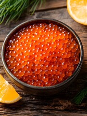Luxurious close-up of salmon caviar in metal tin on rustic table