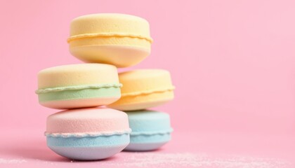 Fototapeta premium A colorful stack of macarons on a pink background, a sweet dessert