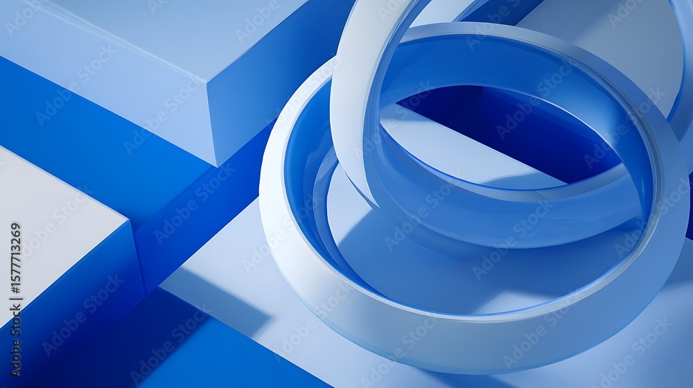 Poster abstract blue and white geometric shapes with interlocking rings and blocky structures