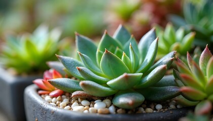 Obraz premium HD photography of a vibrant succulent garden, featuring a variety of colorful succulents and cacti in different shapes and sizes. Detailed close-up textures of leaves, water droplets on the surface, a