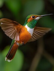 Fototapeta premium Stunning ro portrait of a hovering hummingbird with iridescent feathers