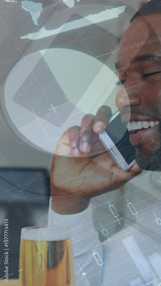 Poster animation of statistics and financial data processing over african american man using smartphone