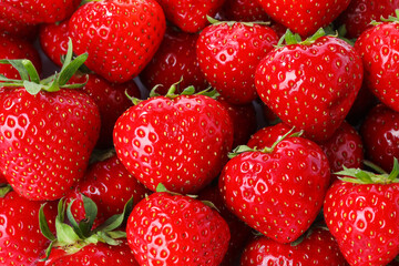 Fresh ripe strawberries as background, top view