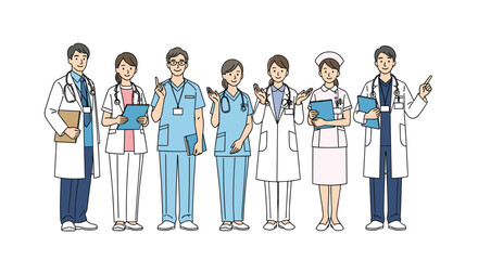 A diverse group of medical professionals standing together ready to provide care