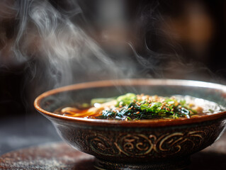 Close-up of steaming noodle soup in ceramic bowl