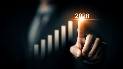 A finger touches the top of a bar graph with the year 2028 displayed on a dark background