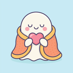 Cute Ghost Holding a Heart, Wrapped in a Cozy Blanket