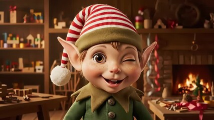 Cheerful elf with pointed ears and striped hat smiles in cozy workshop filled with toys and holiday decor, capturing the spirit of the festive season near a glowing fireplace. - Powered by Adobe